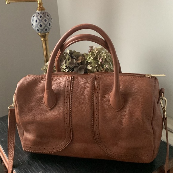 Talbots Brown cognac laser cut 100% Leather Shoulder hand  Bag tote - Picture 7 of 12